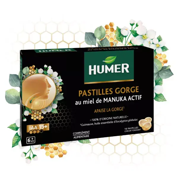 Pastilhas para a garganta Humer com mel de Manuka, indicadas para maiores de 6 anos, 16 pastilhas.