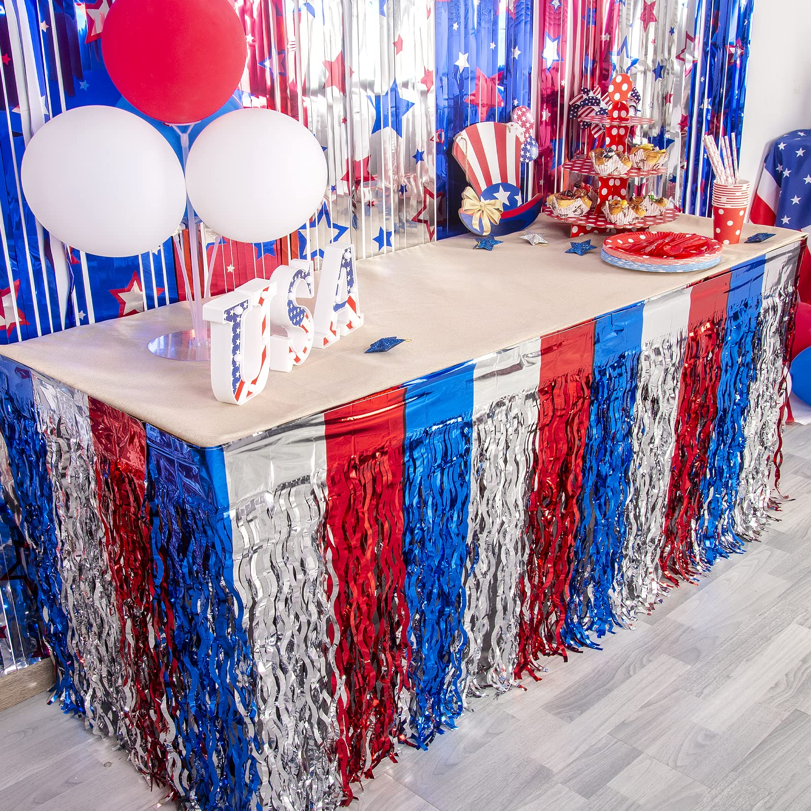 (2er Set) 275x75cm Party Tisch Deko Gewellter Lametta Vorhang Glänzender Fransen Vorhang im USA Design - Blau / Rot / Silber