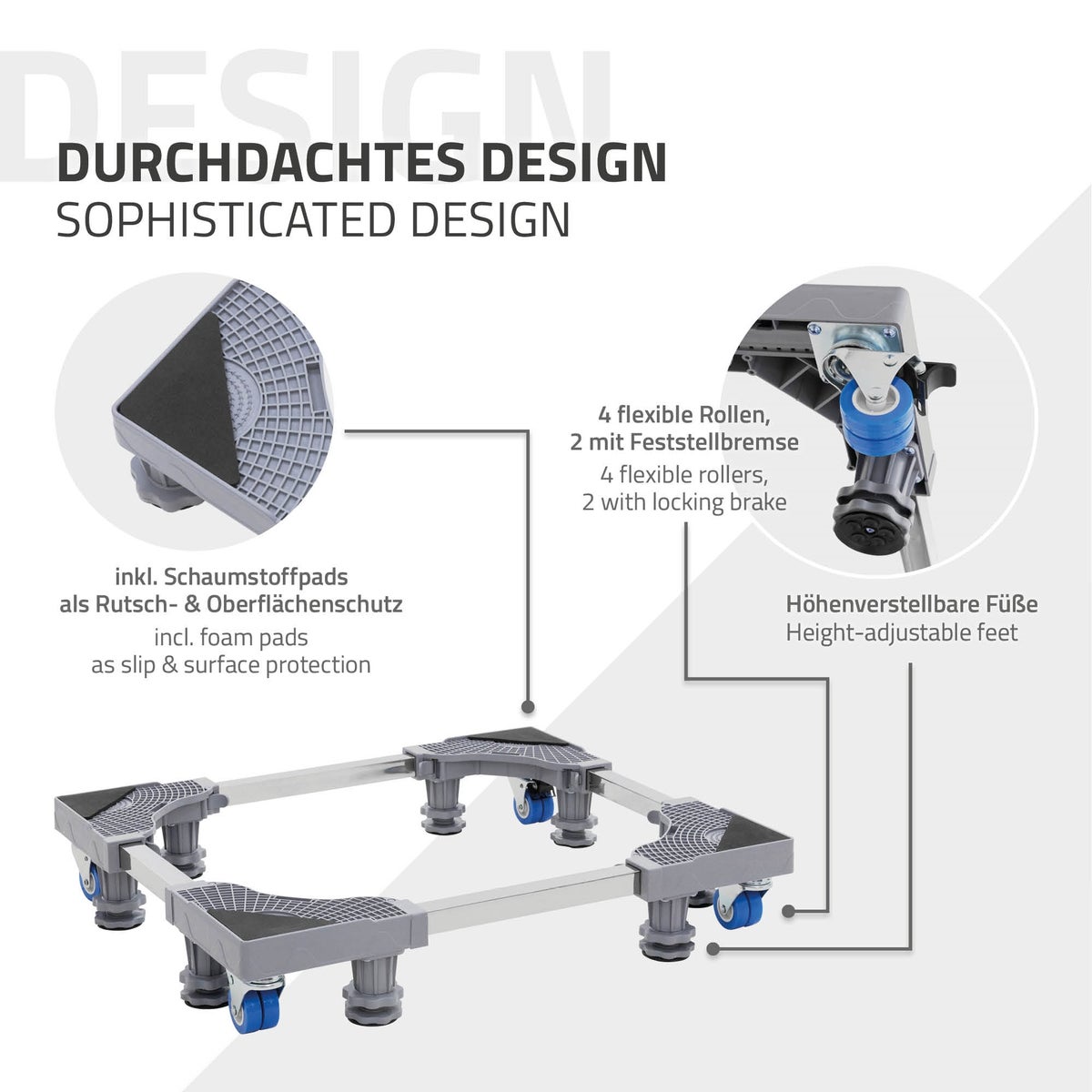 ML-Design Mobiele Wasmachine Basis, Wasmachine Voetstuk met 8 Voeten en 4 Wielen, Verstelbare Basisbreedte 43-66cm, Hoogte 10-13cm, Antislip Wasmachine Voetstuk voor Koelkast en Droger