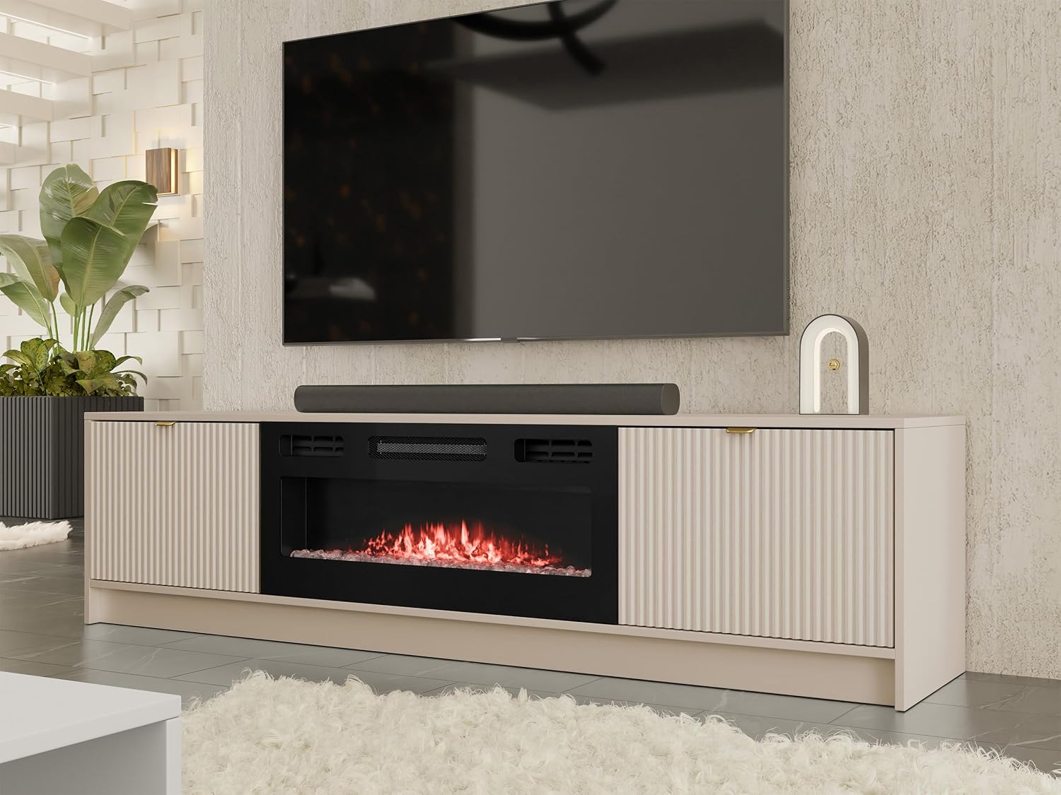 Mirjan24 TV Schrank Tireno EF mit Elektrischem Kamin mit Heizung, Realistische LED-Flamme, 2 Klappe, gefräster Front, Fernsehschrank, TV Lowboard Fernsehtisch (Sandbeige)