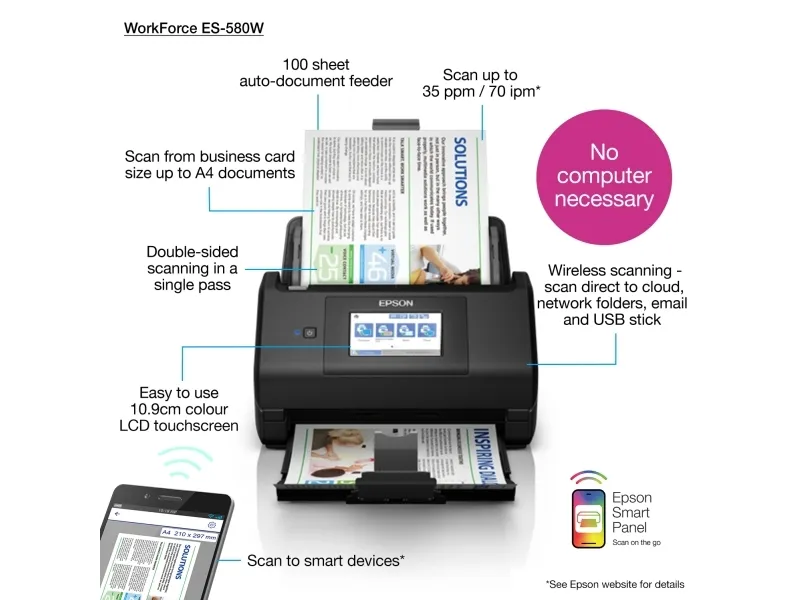 Epson WorkForce ES-580W DIN A4-Dokumentenscanner, ADF 100S.