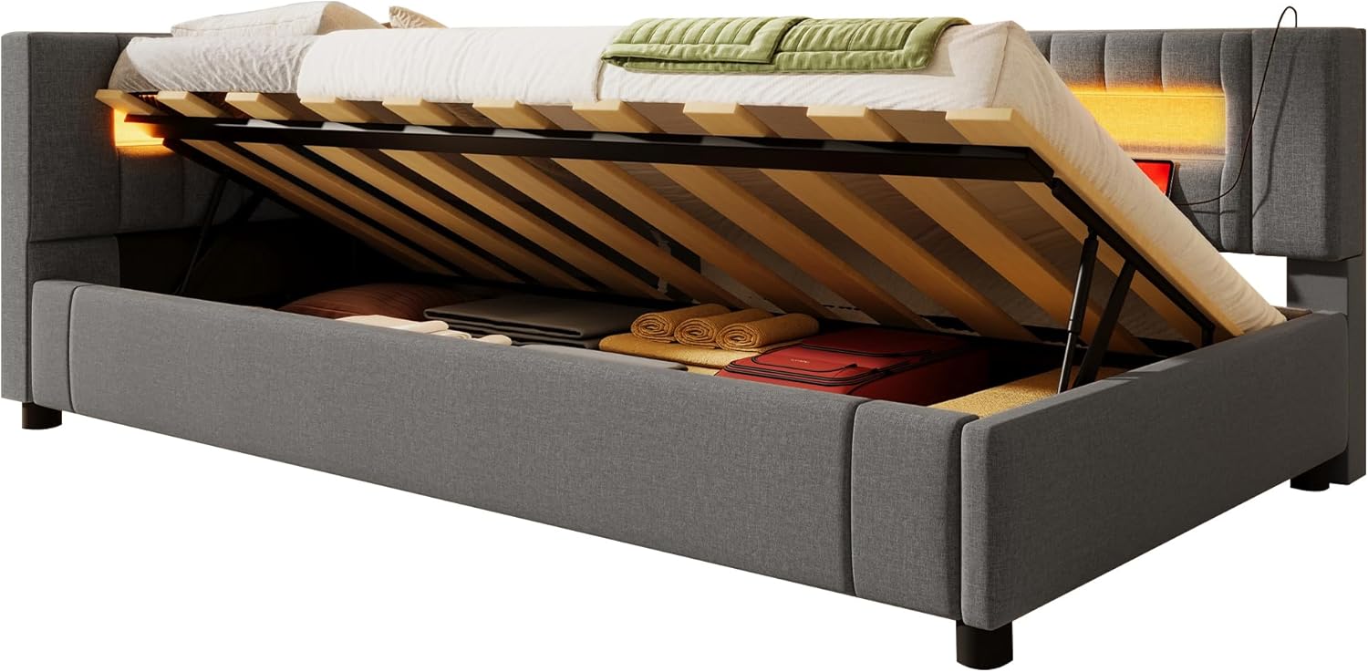 Polsterbett Einzelbett 90x200, Schlafsofa mit Hydraulischem Stauraum&LED-Licht&USB Ladefunktion, Stauraumbett Jugendbett Funktionsbett Gästebett Bettgestell mit Lattenrost, Linen, Ohne Matratze, Grau