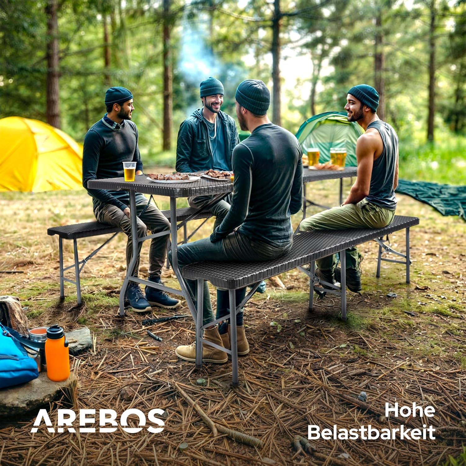 Arebos Bierzeltgarnitur 3-teilig Set Tisch + 2 x Bank | Festzeltgarnitur für drinnen - draußen | Biertisch Set | Zusammenklappbar & mit Tragegriff Campingtisch | Rattan-Look Schwarz