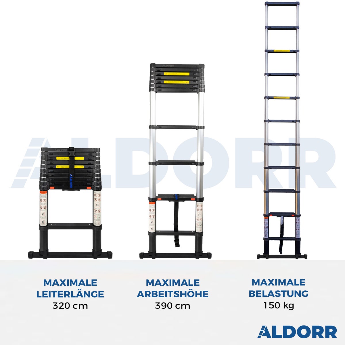 ALDORR Professional - Telescopische ladder van 3,20 m met uitschuifbare stabilisatiestang - Draagvermogen tot 150 kg - Soft-Close systeem