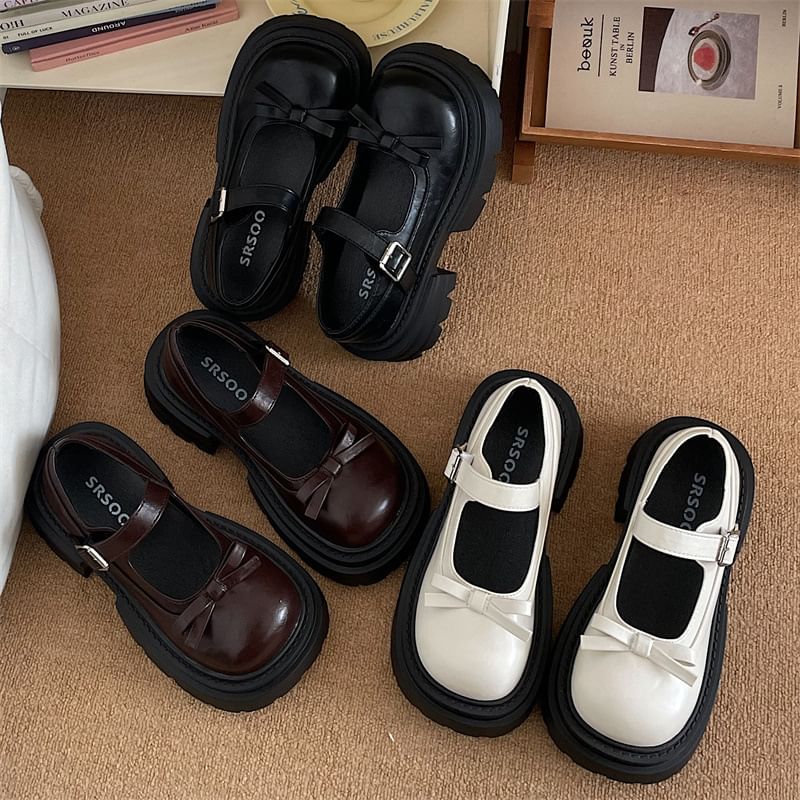 telijimi - Platform Mary Jane-schoenen met strikaccent en imitatieleer