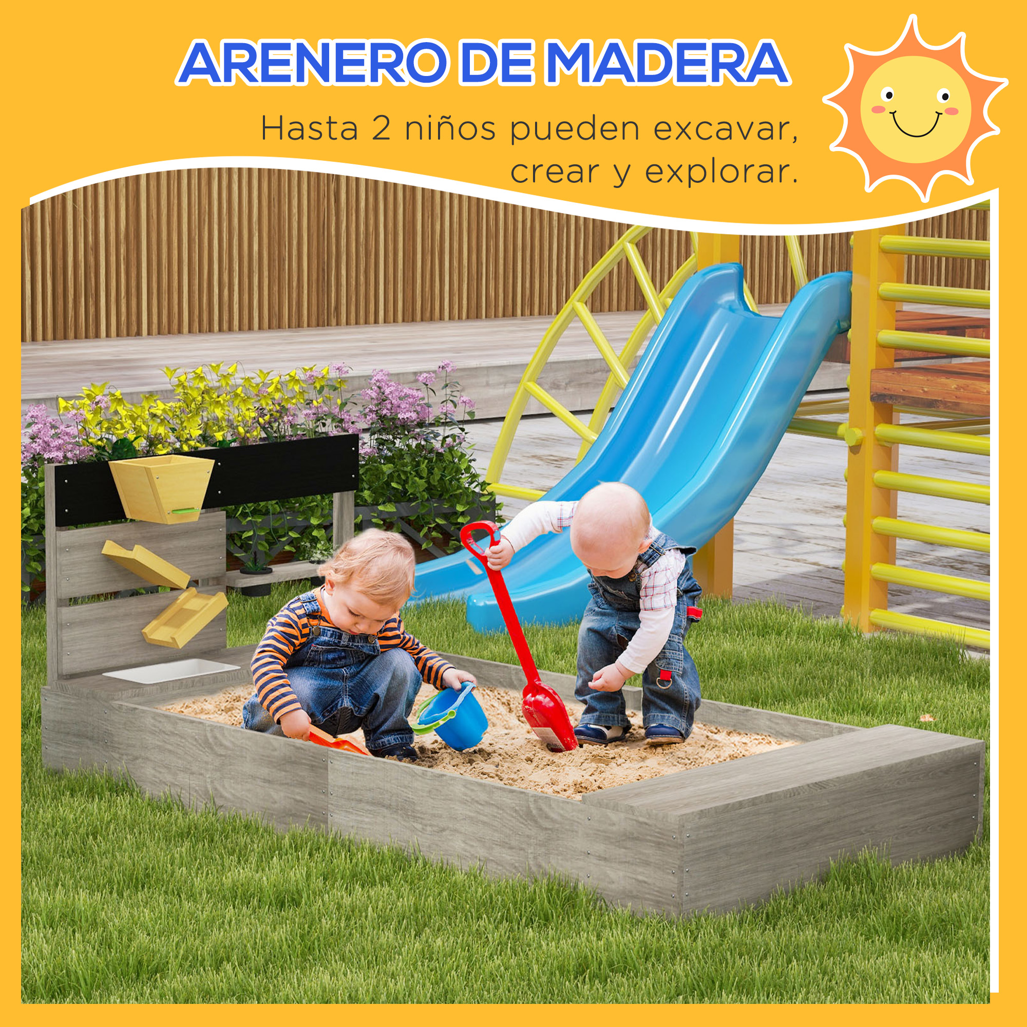 Caixa de areia de madeira Outsunny para crianças, com 2 assentos, 2 jardineiras e cozinha de brinquedo para jardim ou pátio, 154x80x60 cm, cinza.
