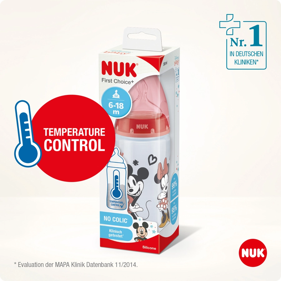 NUK Babyflasche First Choice +  Minnie Mouse 300 ml,Temperature Control rot