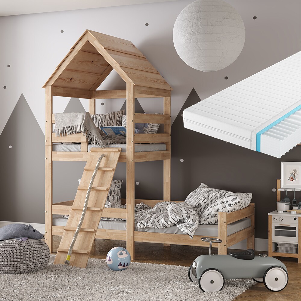 VitaliSpa Kinderbett Teddy 90x200cm mit Matratze Spielbett Jugendbett Spielturm Natur