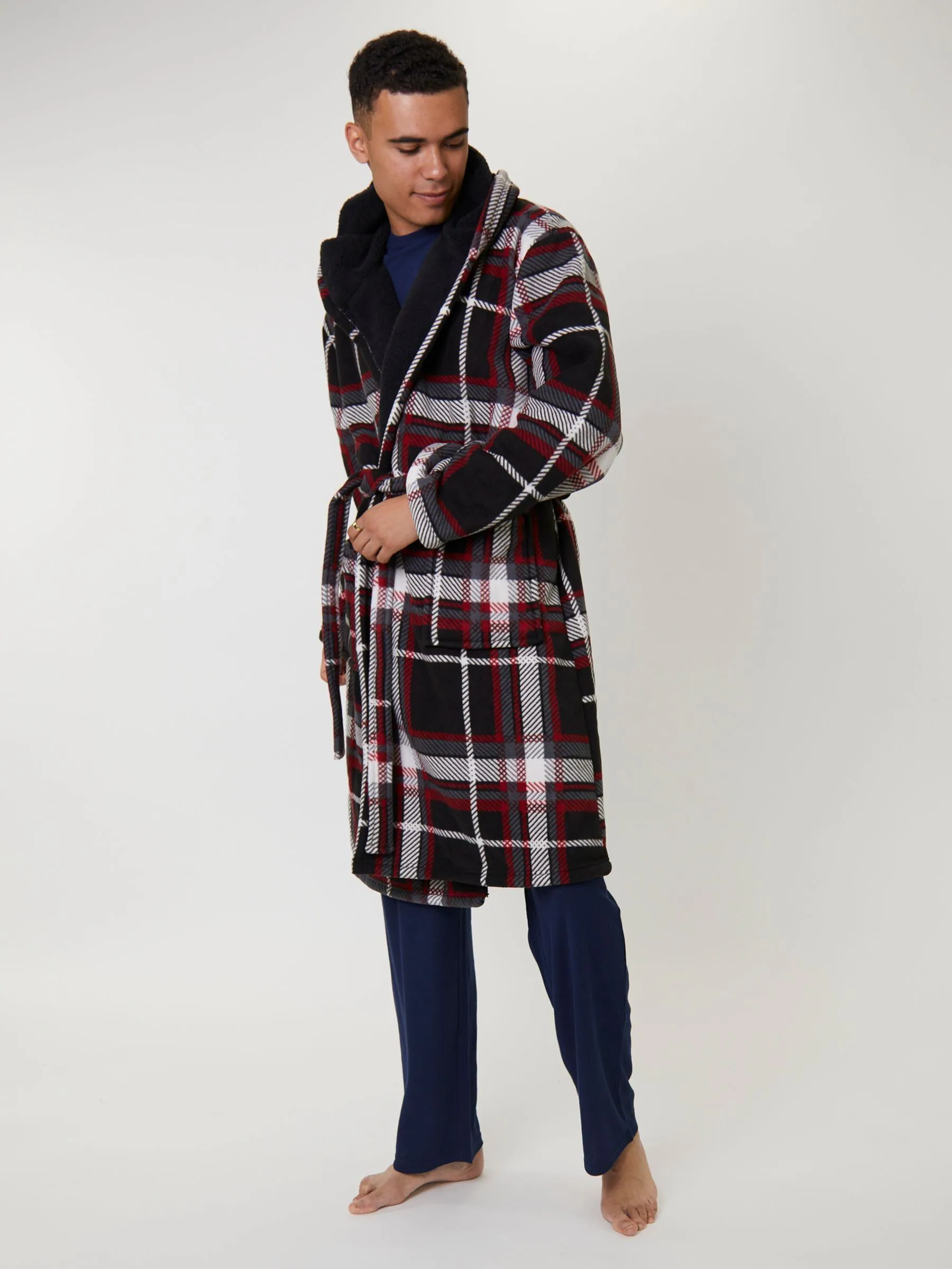Rood - Loungeable Ruit bonded fleece gevoerde kamerjas met capuchon