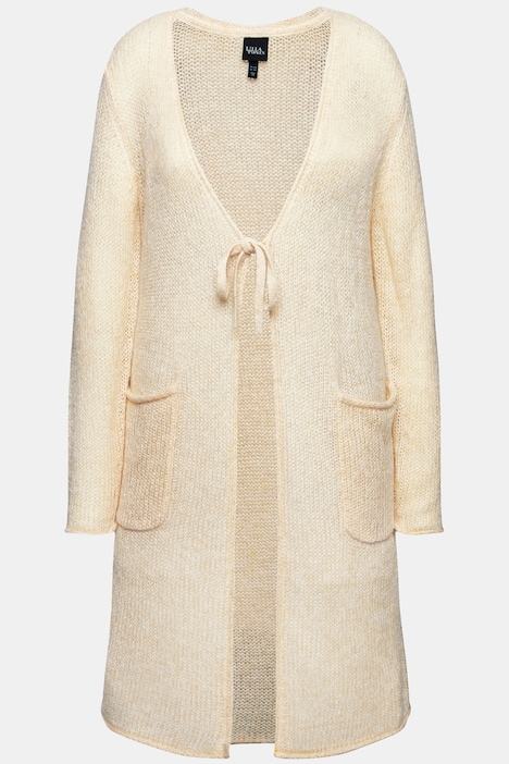 Long-Strickjacke, Bindeband, V-Ausschnitt, Rollkanten