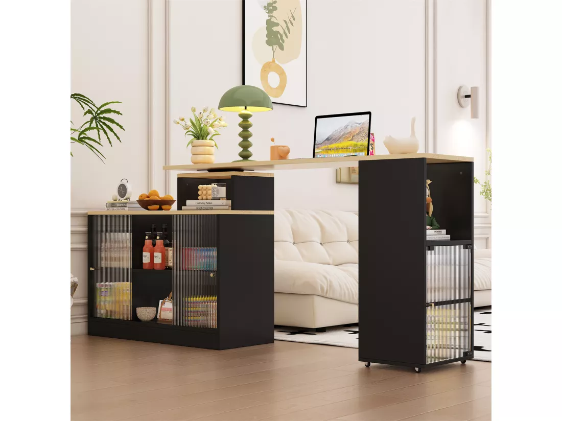 Table de bar avec rangement, table de bar moderne mobile, table haute, table de bistrot, table haute, table de bistro, grand espace de rangement, rotation sans levage, noir