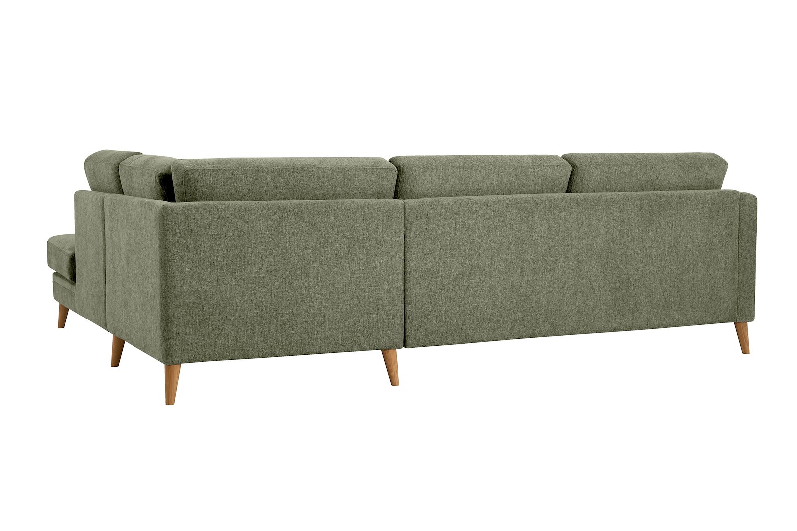 Eden hjørnesofa 2,5-seter med åpen ende høyre. Tekstil Thor 17 Green med ben i eik natur (15137).