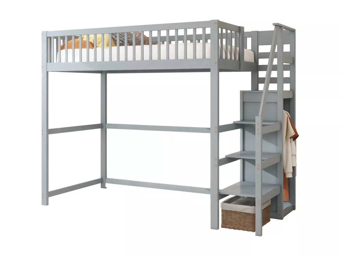 Lit mezzanine 90 x 200 cm avec armoire et escalier - Bois massif + contreplaqué + MDF - Gris (Sans matelas)