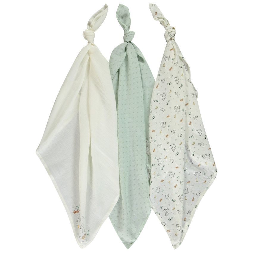 Lot de 3 langes en tetra motifs éléphants pour bébé garçon - Ecru