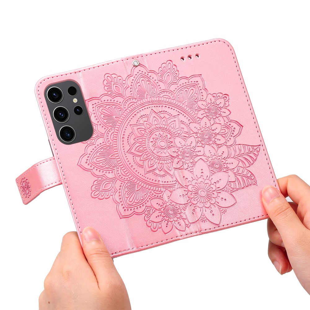 Samsung Galaxy S24 Ultra Leder Tasche Wallet - Mandala Flowers Imprint - Rosa
