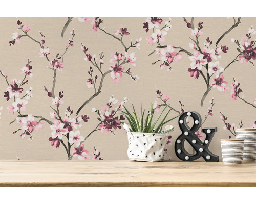 Vliesbehang 38520-3 Desert Lodge bloeiende takken roze