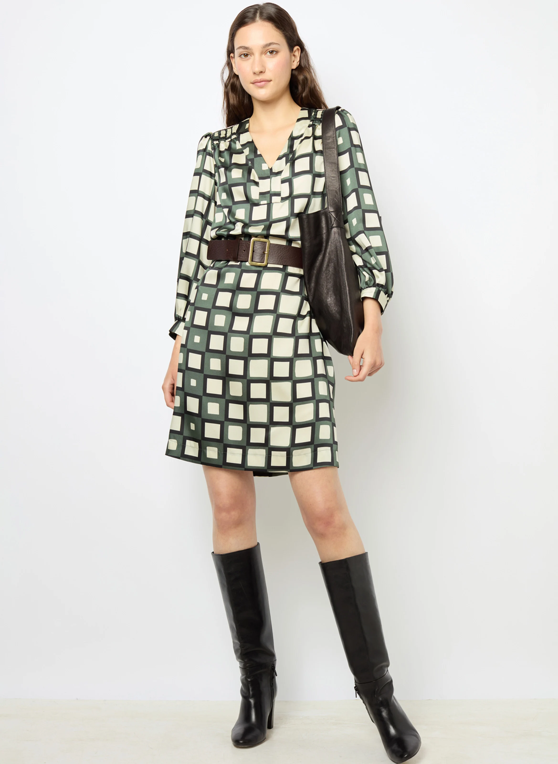 SASKIA - Robe midi imprimée | Kaki