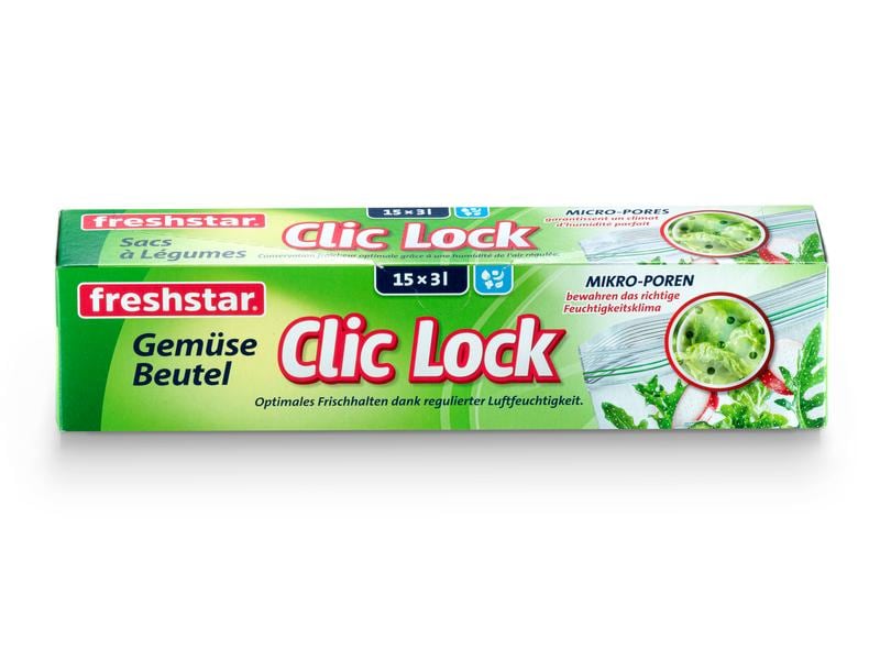 Freshstar Gemüsebeutel Clic Lock 3.0 l 25 cm x 27 cm, 15 St Gemüsebeutel mit Mikro-Poren für das richtige Feuchtigkeitsklima