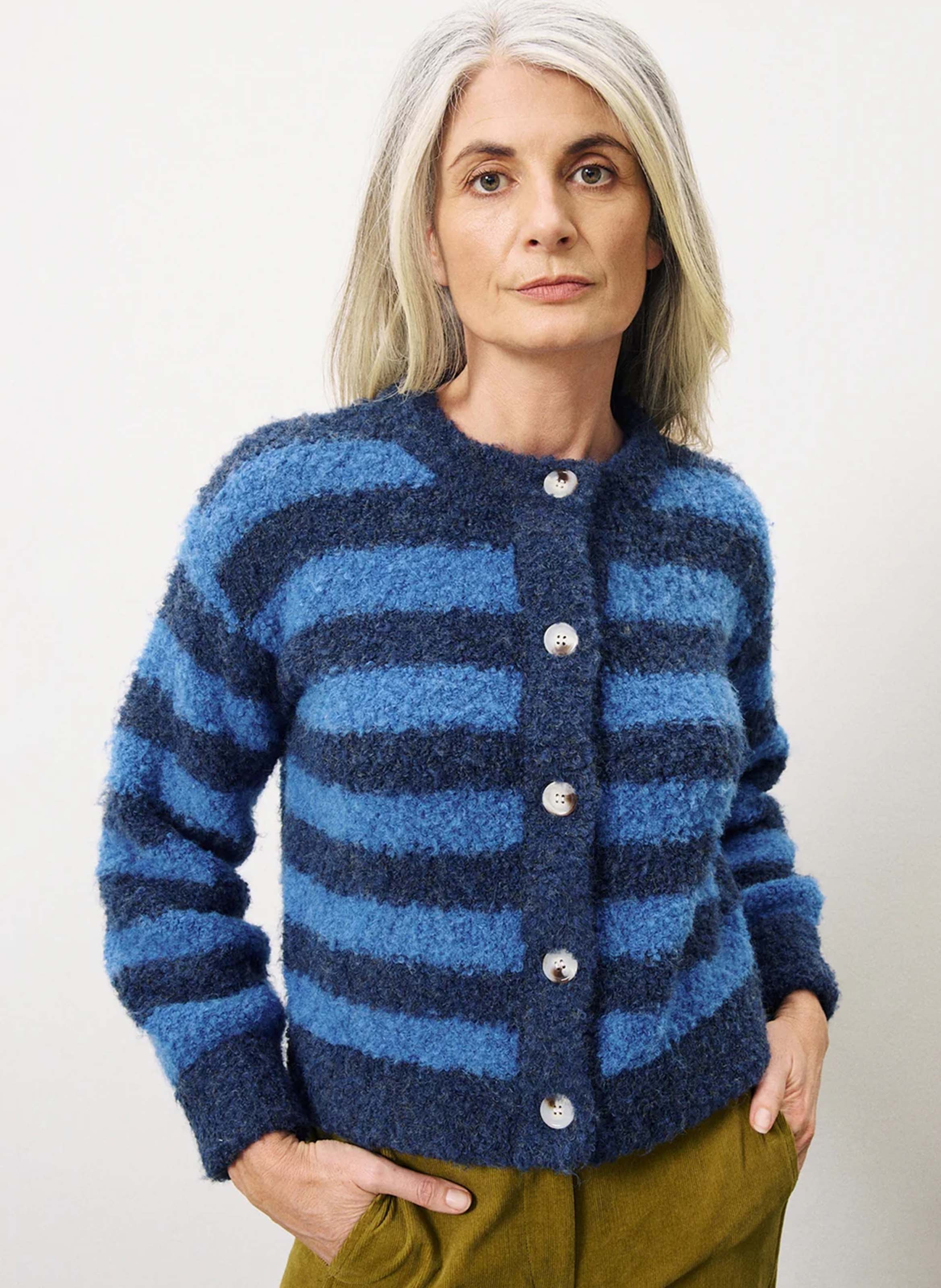 MEGANE - Cardigan col rond rayé | Bleu