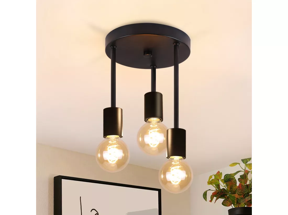 NETTLIFE Plafonnier 3 Spots E27 vintage noir suspendu avec lustre industriel pour salle à manger cuisine couloir salon bar sans ampoule