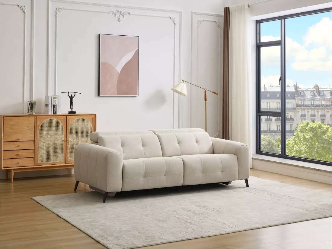 Canapé 3 places relax électrique en tissu beige CLODI