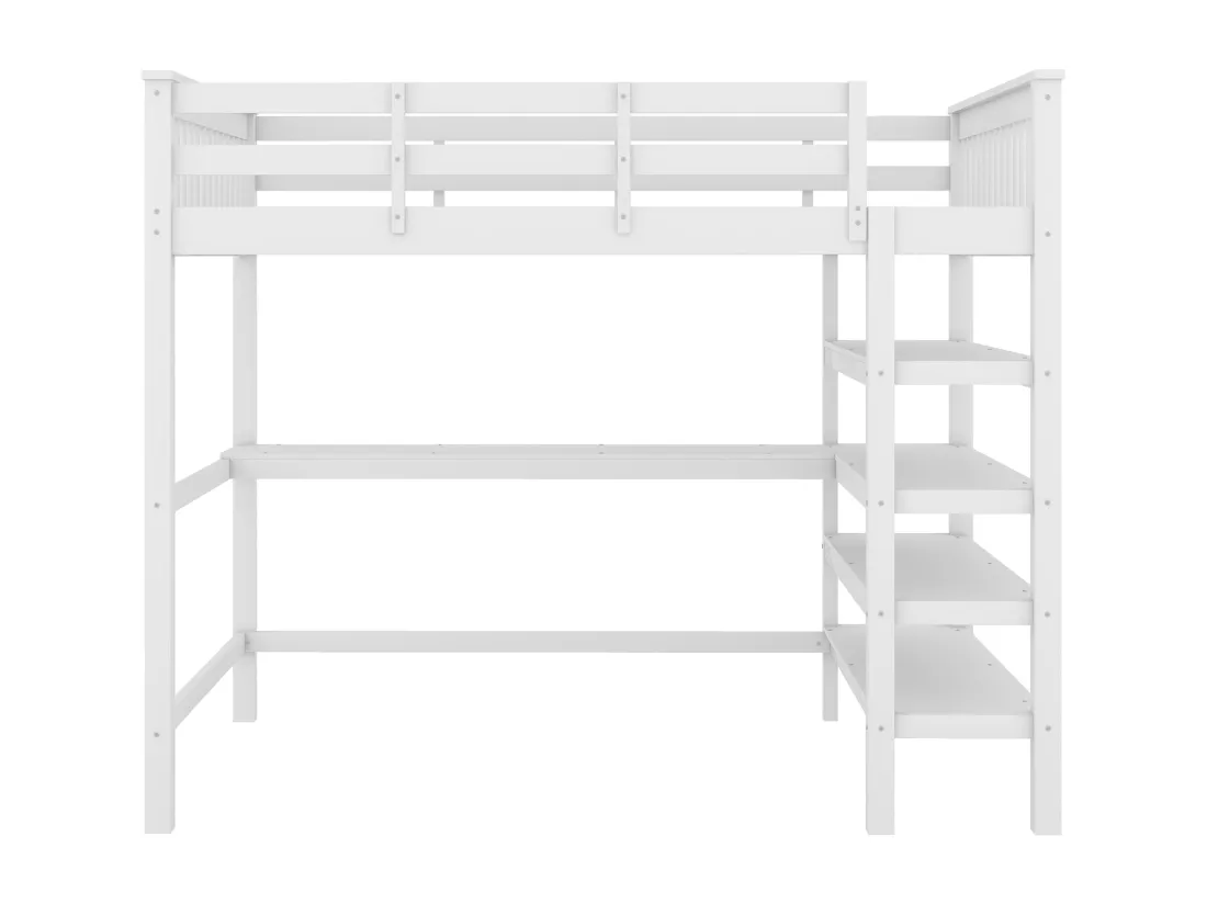 Lit mezzanine 140 x 200 cm avec bureau et étagères de rangement - Bois de pin + MDF - Blanc