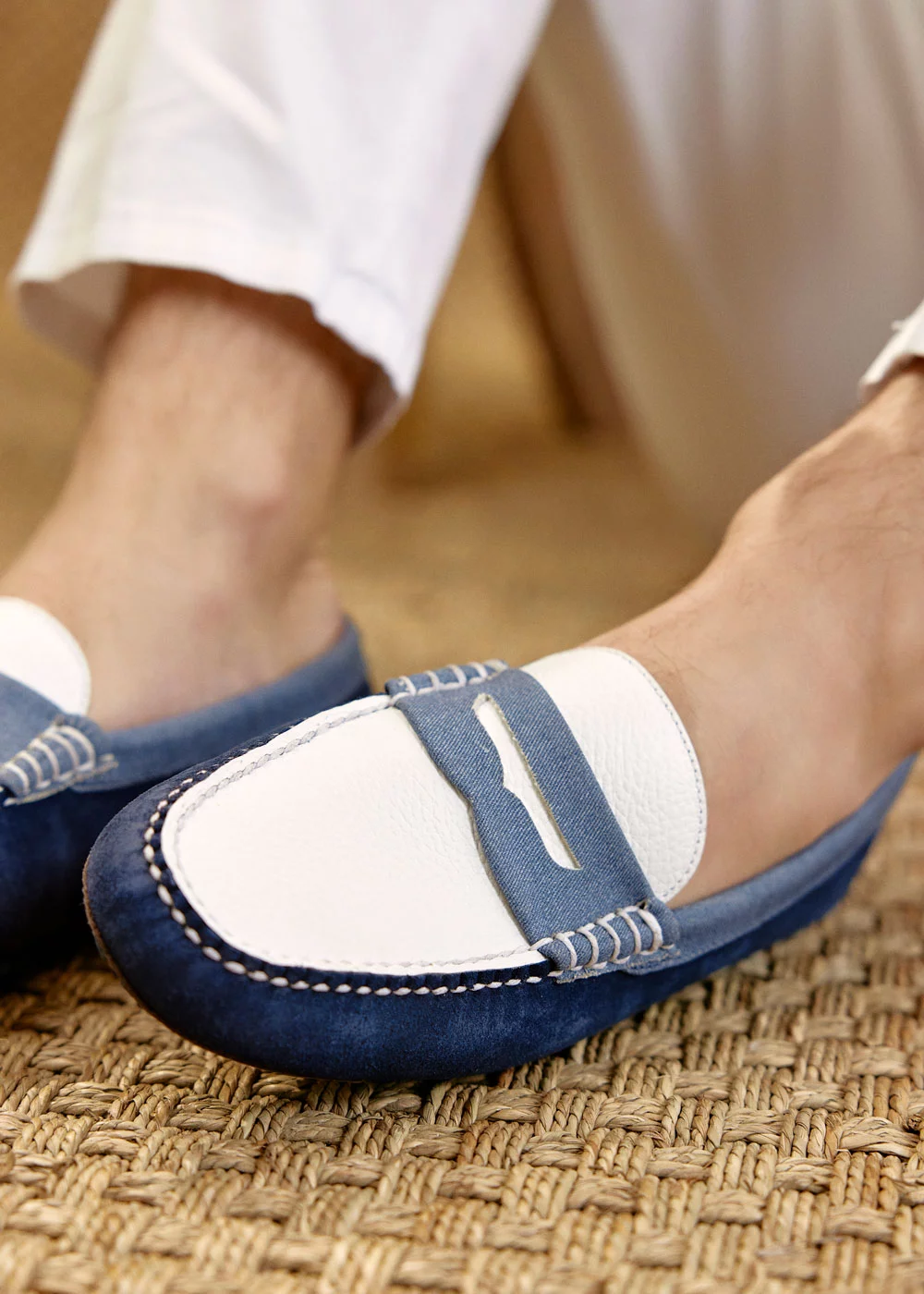 DRIVERS VELOURS TRICOLORE JEAN BLANC BLEU