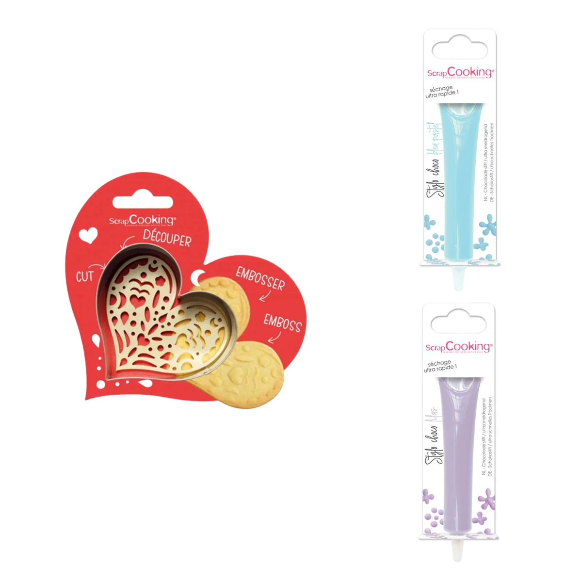 Kit pour biscuit en relief Coeur + 2 Stylos au chocolat bleu pastel et