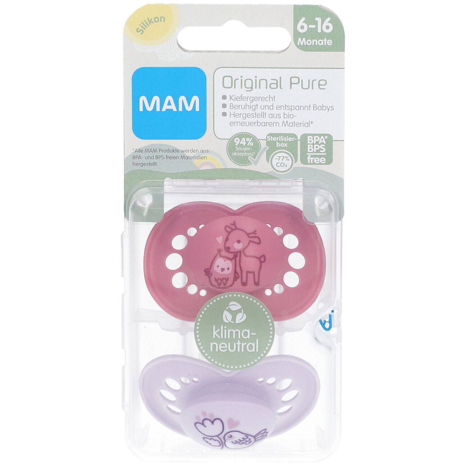 MAM Original Pure Silikonschnuller 6-16 Monate, Reh/ Vogel