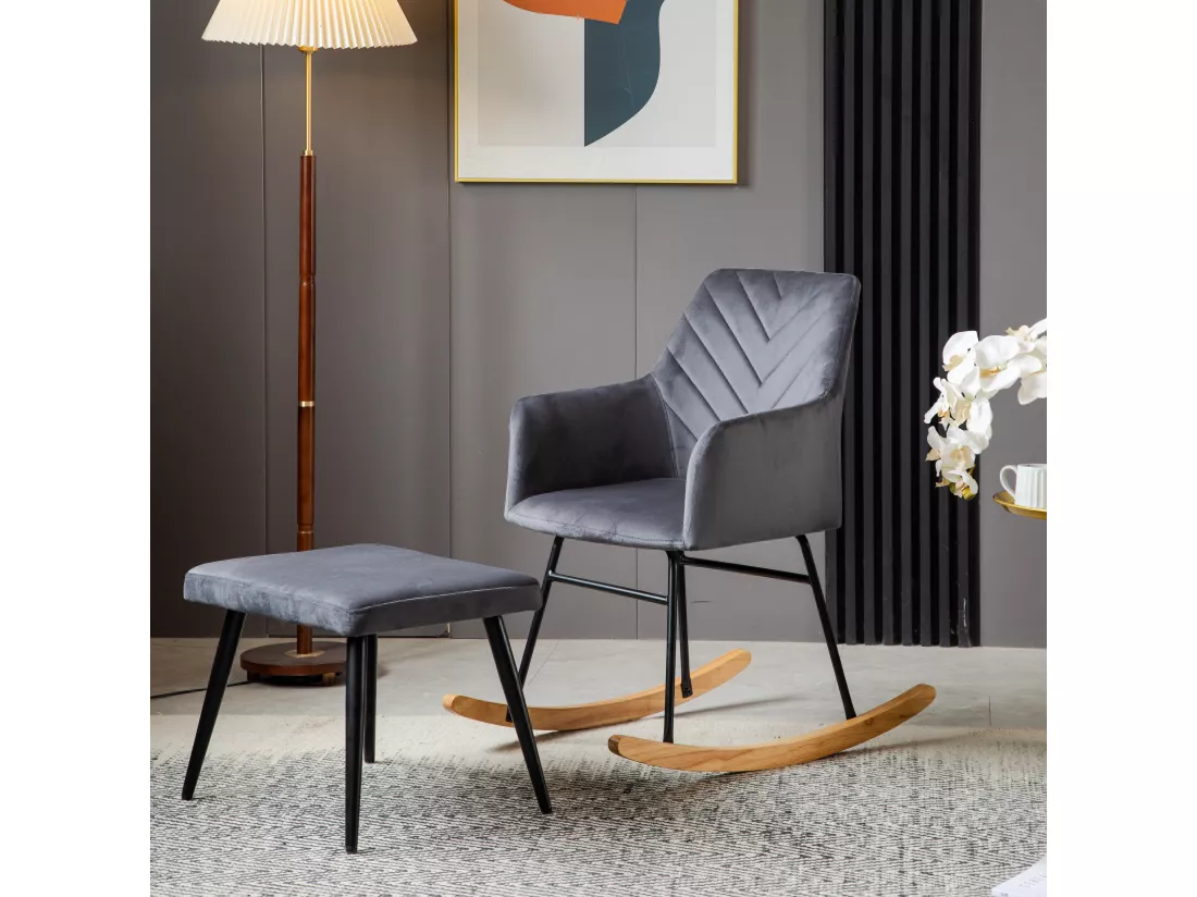 Chaise à bascule avec repose-pieds - 56.5 x 44 x 84 cm - Velours, boid d'évéa et métal - Gris