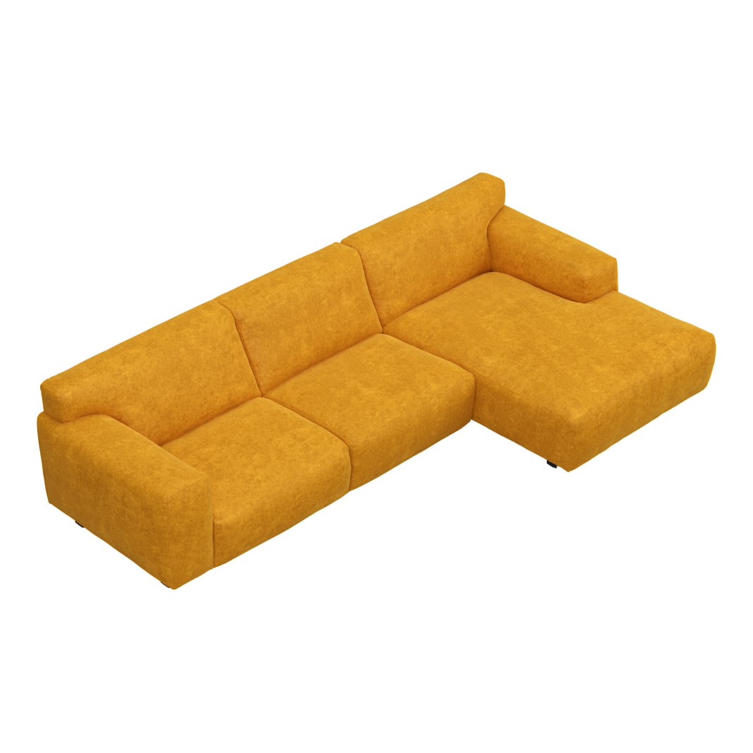 Vesta 2,5-seter med sjeselong høyre I Tekstil Eros Mustard, standardsøm, sort metallben 10 cm, Comfort CM