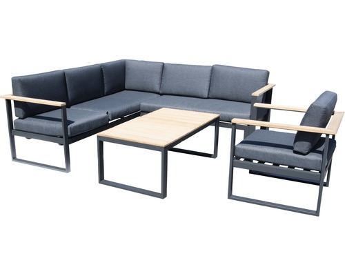 Garden Place Cleo aluminium-houten tuinmeubelset, 6-zits, bestaande uit: 2 banken, fauteuil, tafel inclusief kussens, aluminium antraciet, hout