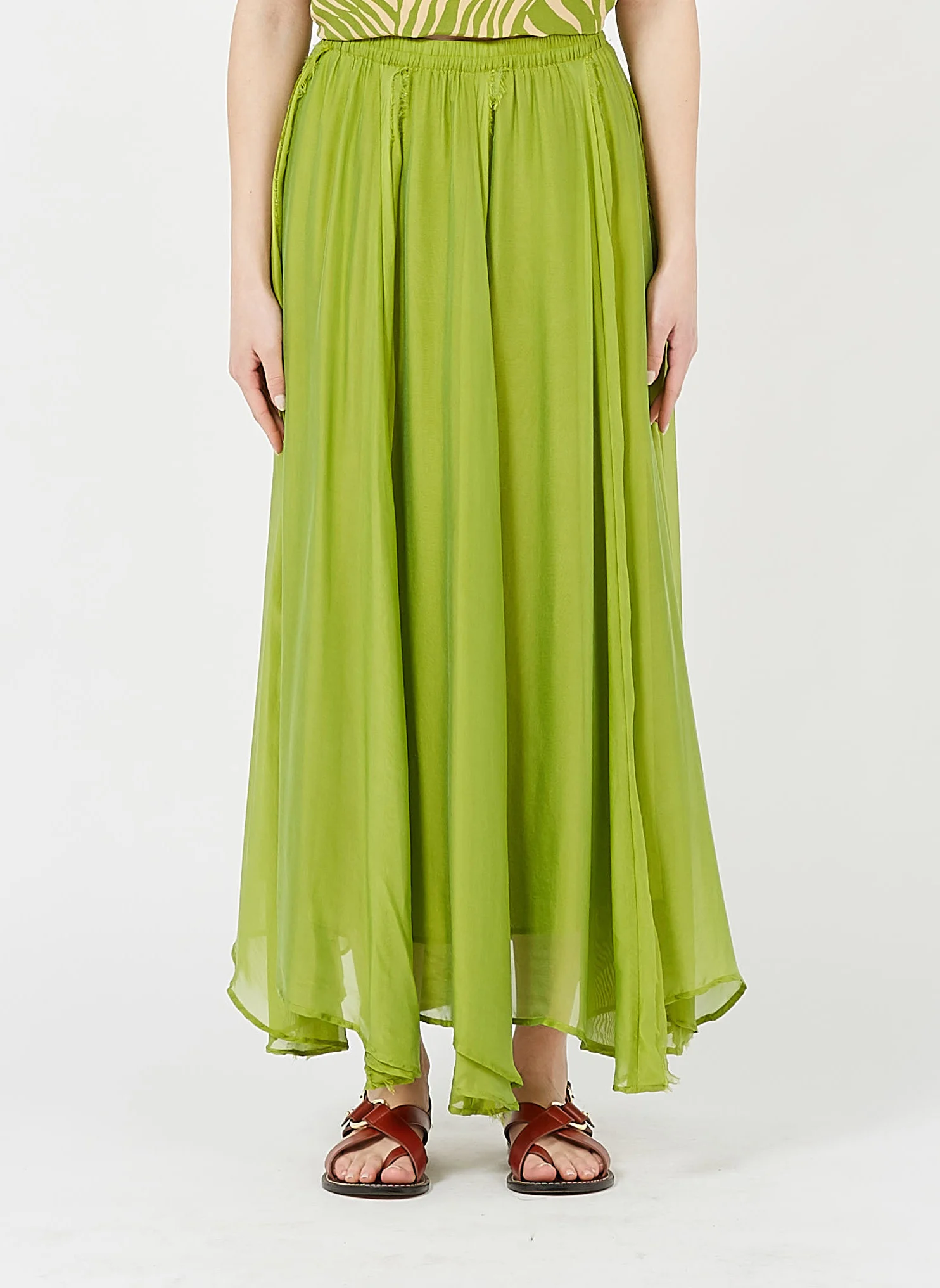 CHILI - Jupe longue fluide en soie et viscose | Vert