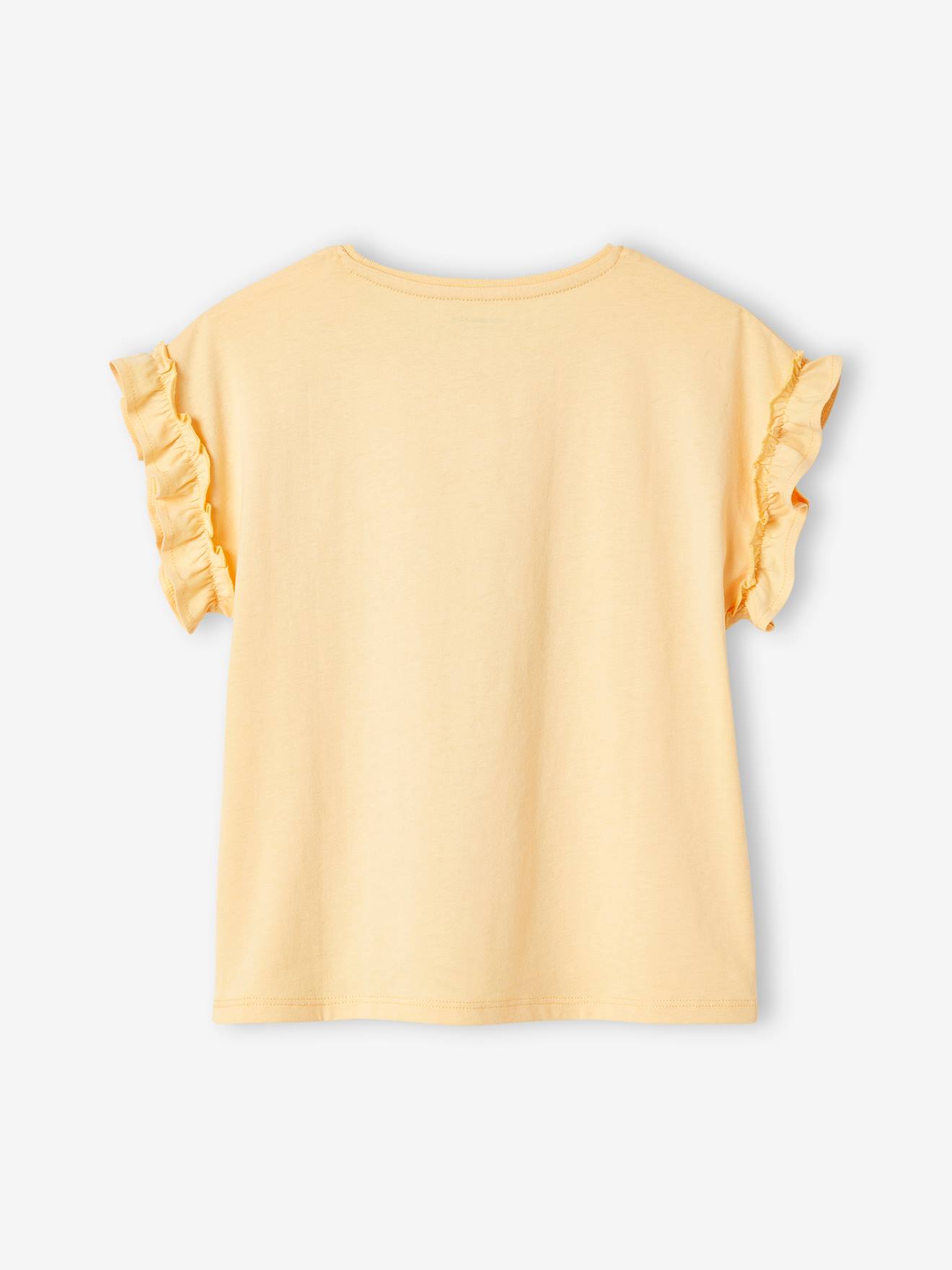 Camiseta infantil bege de manga curta com estampa iridescente e babados.