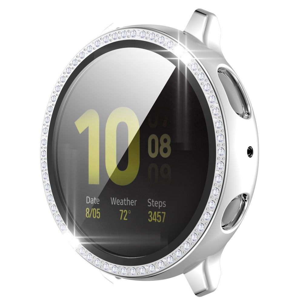 Samsung Galaxy Watch Active 2 (40mm) Galvanisierte Glitzer Strass Bumper Hülle   Display Schutzglas - Weiss / Silber