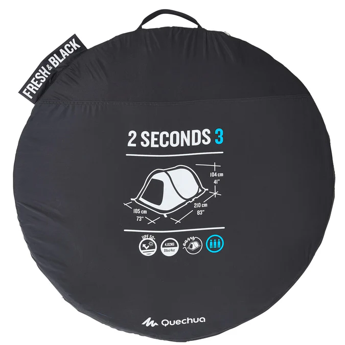 Decathlon Quechua - Barraca de Camping Quechua 2 Second Fresh & Black Impermeável e Pop-Up para 3 Pessoas