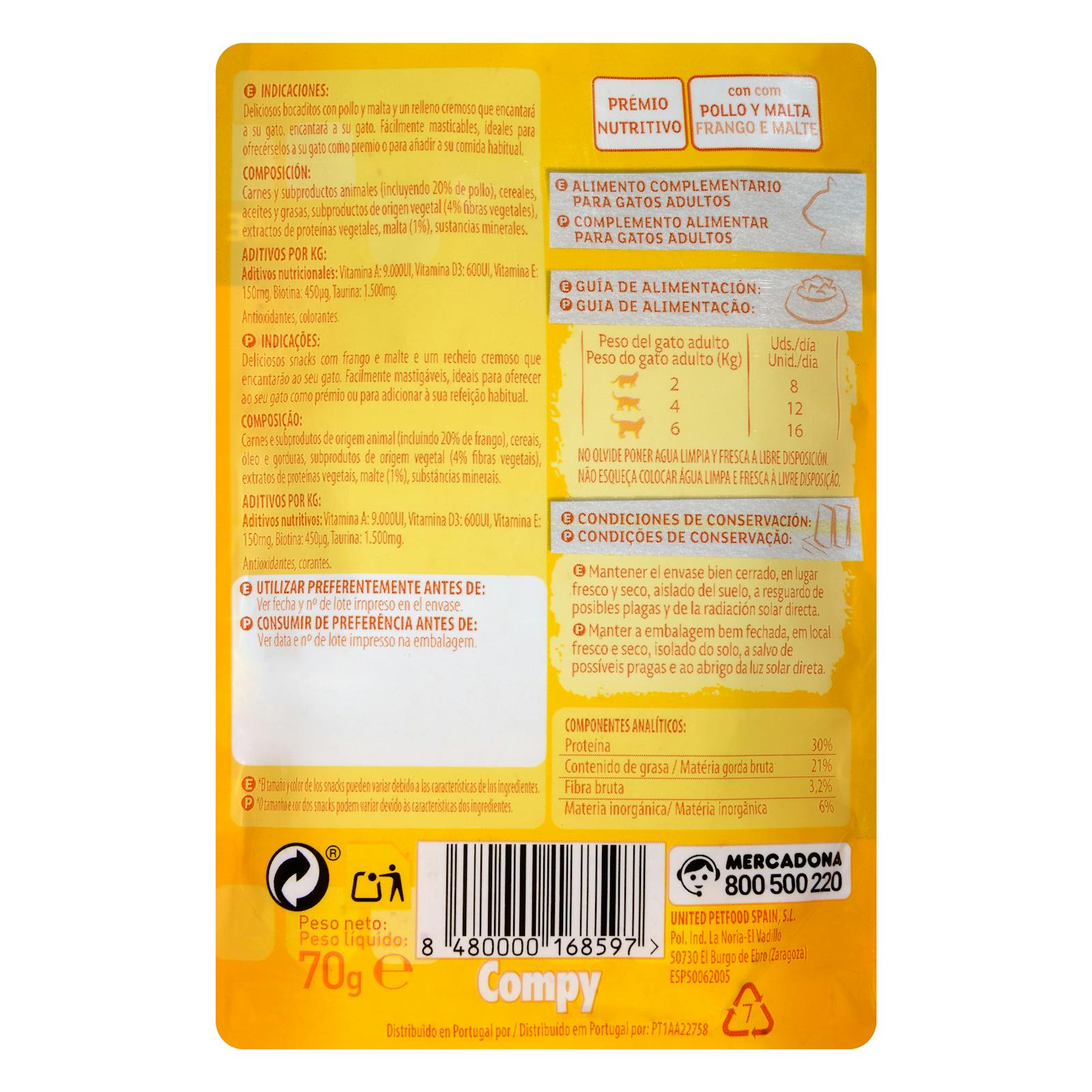 Friandises pour chats fourrées au poulet et au malt Compy