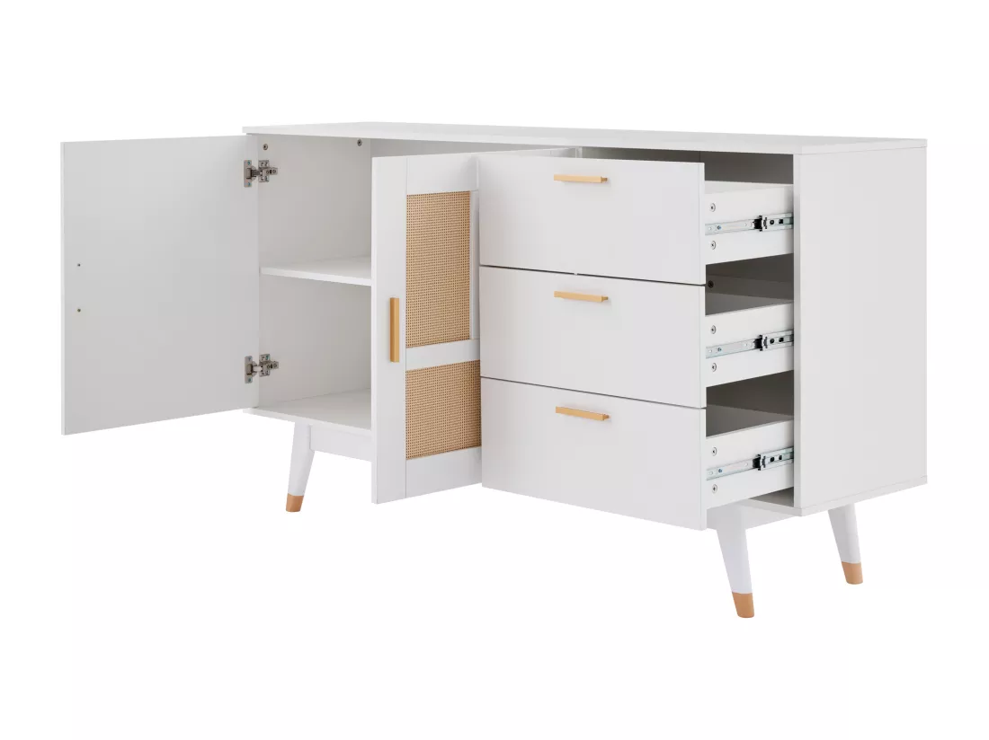 Buffet 160x40x87cm - avec 2 portes en rotin et 3 tiroirs - Blanc
