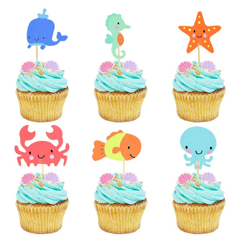 (24-tlg. Set) Kuchenstecker Kinder Tortenstecker Topper Dekoration für Torten / Kuchen - Meerestiere