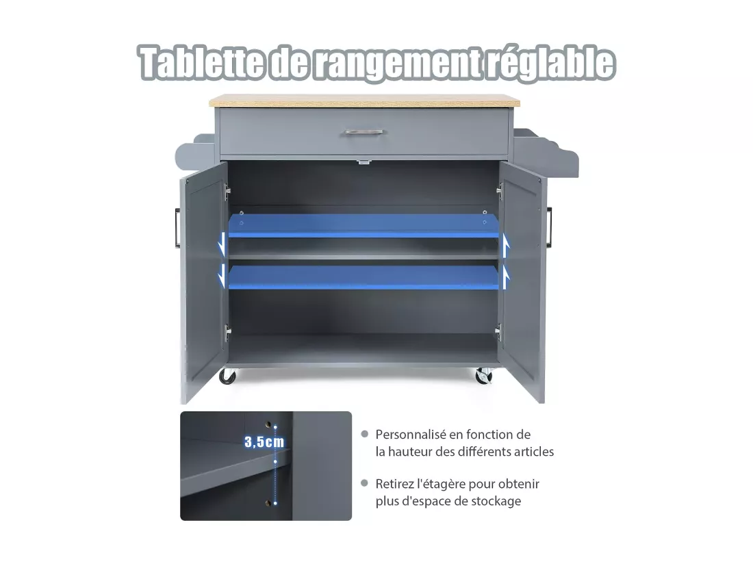 Dessert de Cuisine à roulettes Verrouillables, Ilot Central Cuisine Étagère Réglable sur 3 Niveaux, Grand Placard, Tiroir, Porte-épices et Porte-Serviettes, 40 x 116 x 85 cm (Gris)