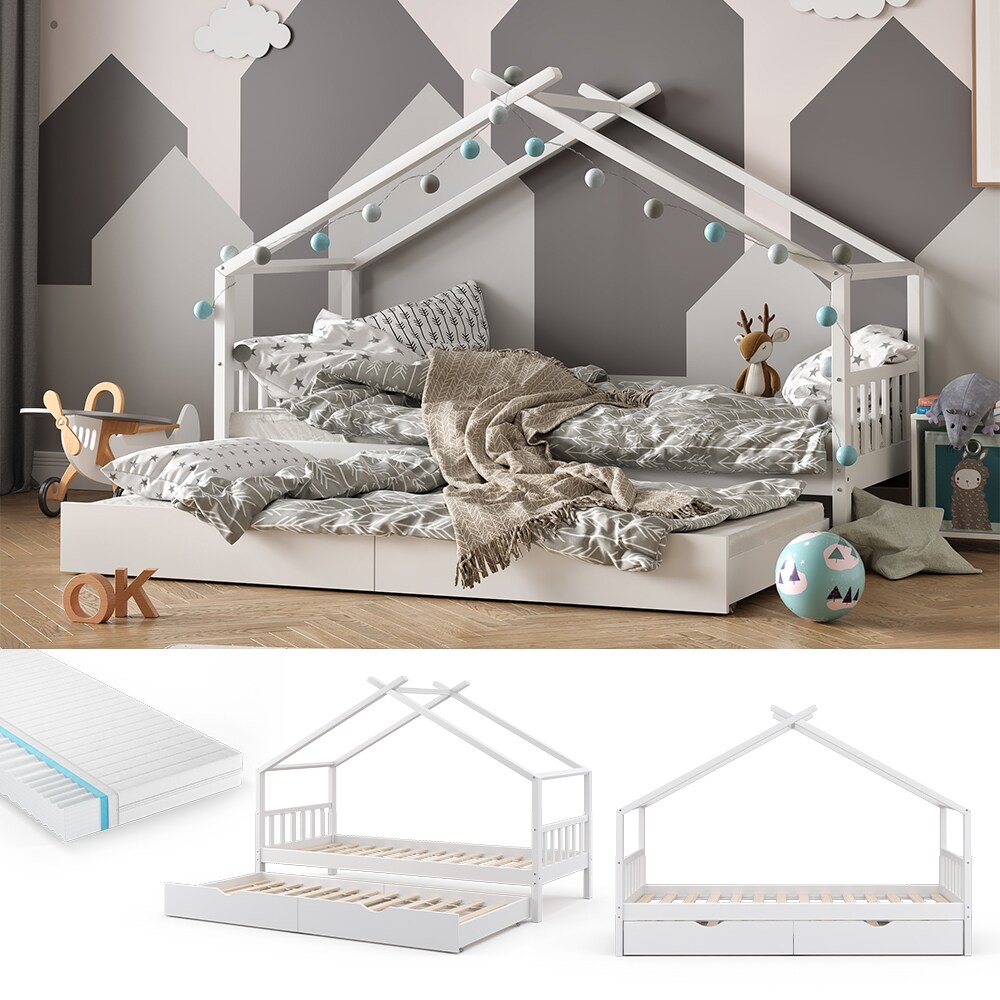 VITALISPA Kinderbett DESIGN Hausbett Gästebett Lattenrost weiß 90x200 Matratze