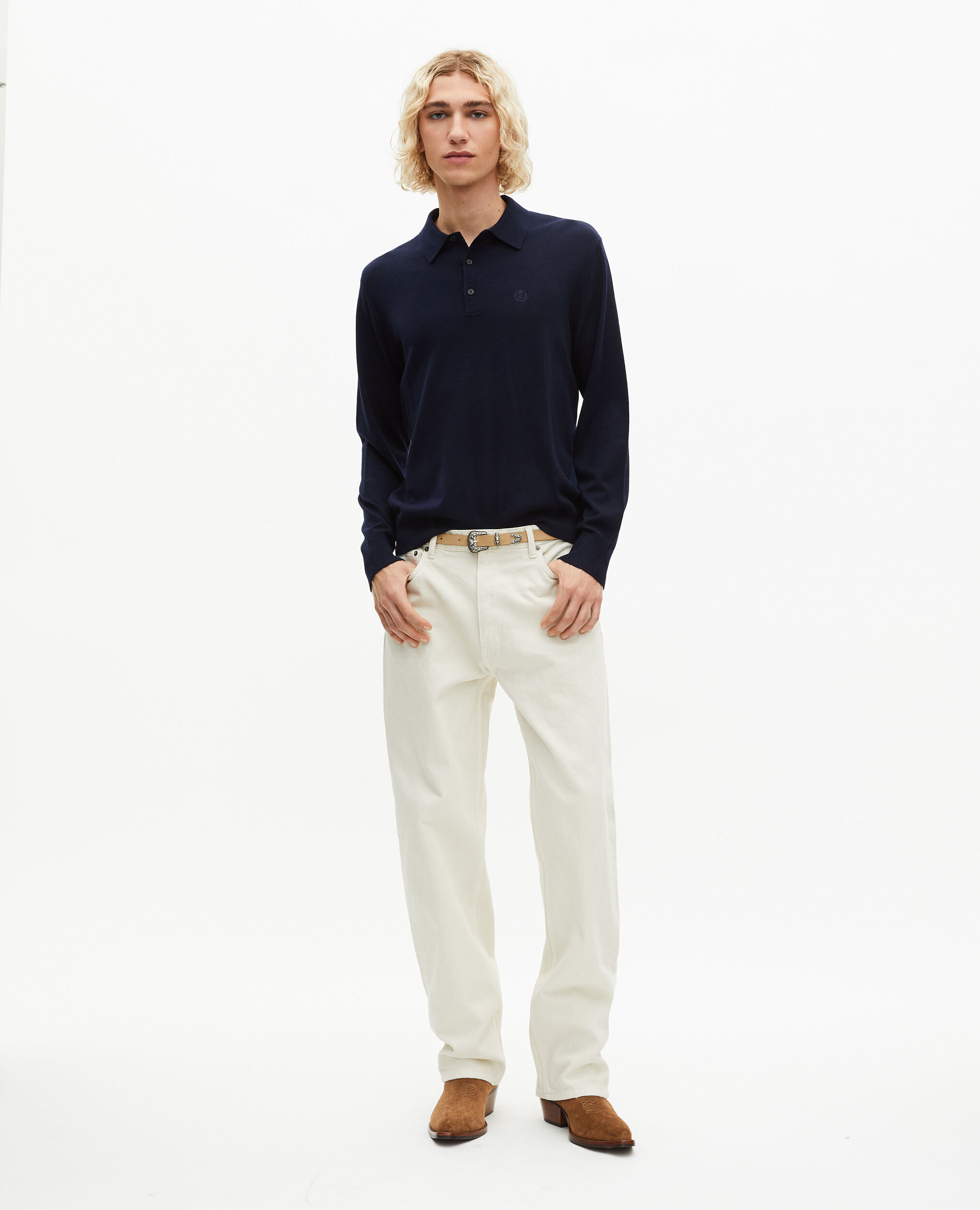 Pull col polo en laine mérinos marine