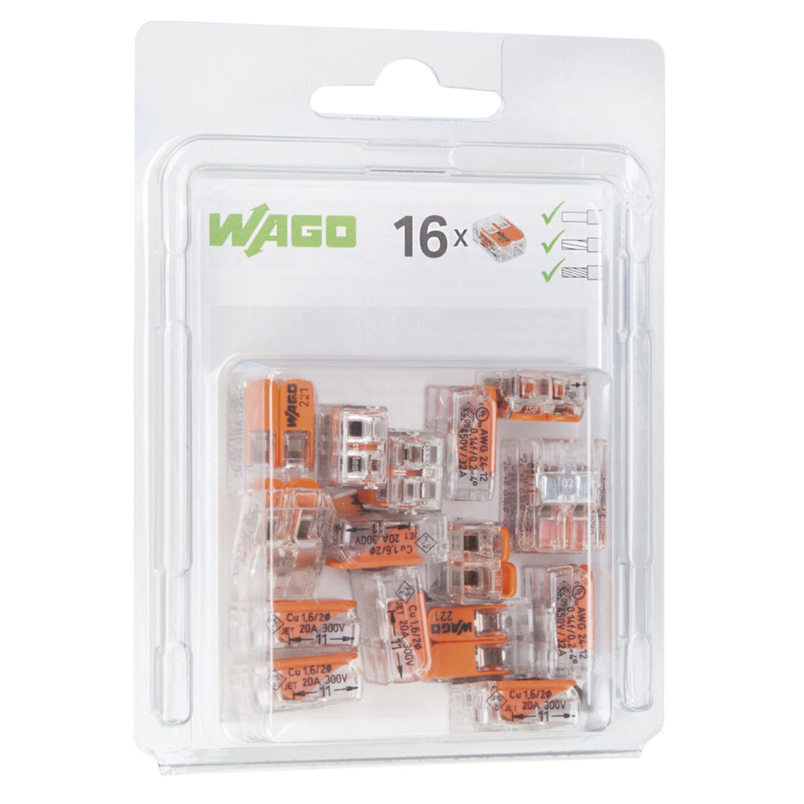 Wago 221-412 Toppklemme med 2 tilkoblinger 16-pk.