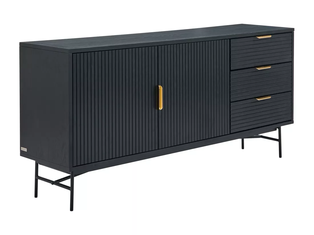Buffet avec 2 portes et 3 tiroirs placage chêne et métal - Noir et Doré - SIRIOLA