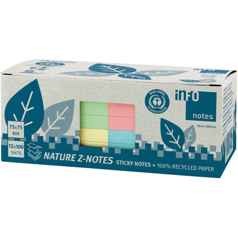 Z-notes repositionnables recyclées pastel Info Notes 75 x 75 mm - bloc de 100 feuilles