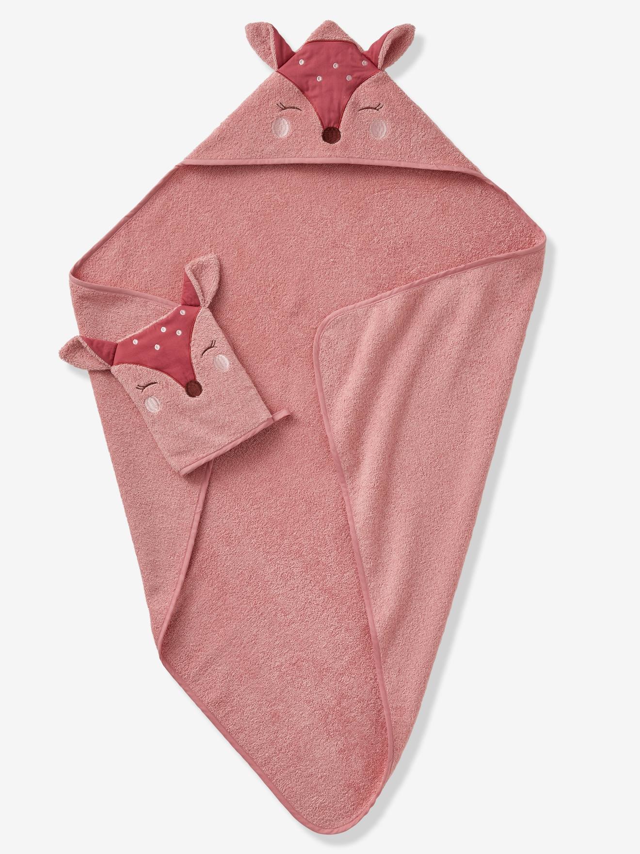 Capa de banho + luva. Rosa claro liso com estampa de cervos.
