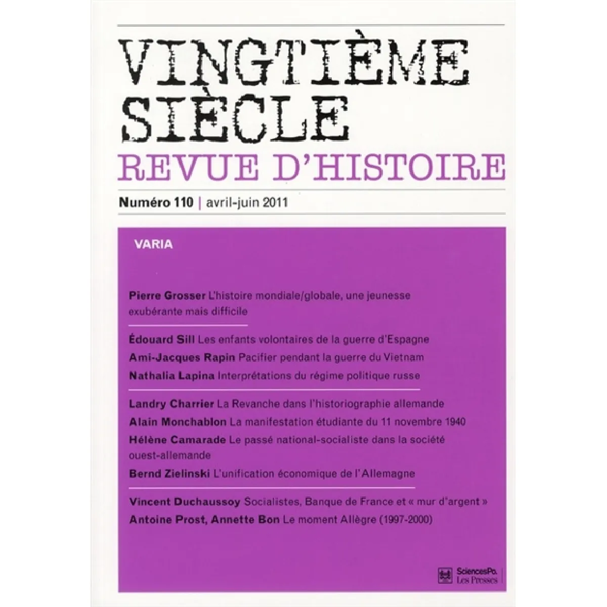 Vingtième siècle, n° 110. Varia · Occasion