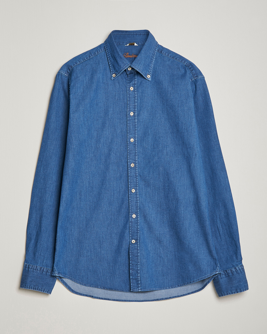 Stenströms Fitted Body Button Down Garment Washed Shirt Mid Blue Denim