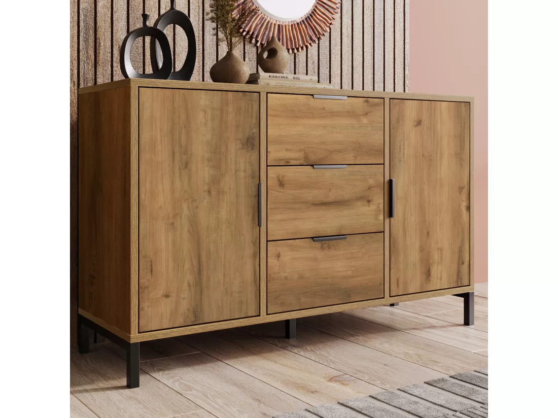 Commode 2 portes et 3 tiroirs, 120 x 40 x 76 cm, Panneaux de particules + métal, Chêne foncé