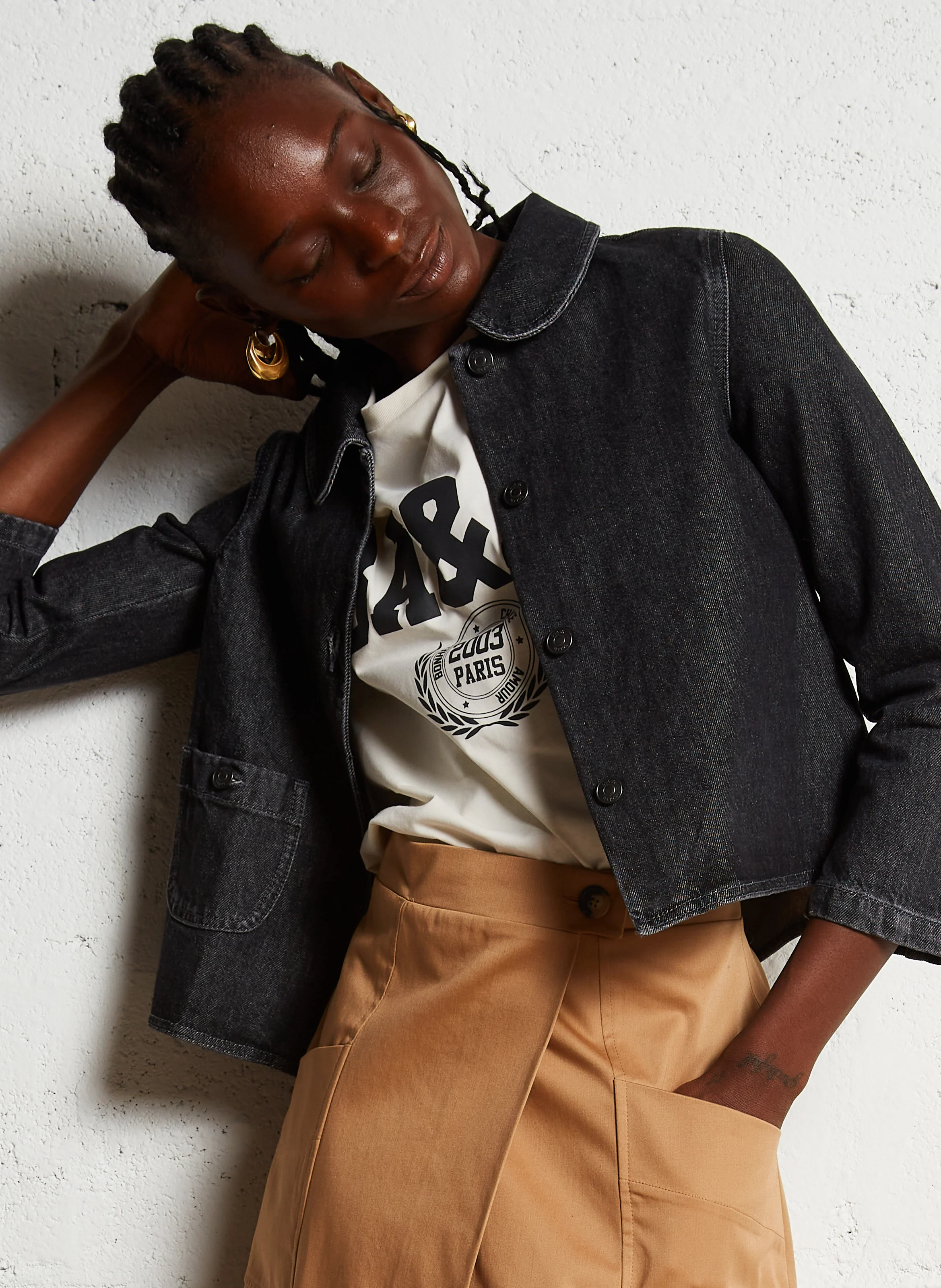 MINY - Veste col claudine droite en coton | Noir